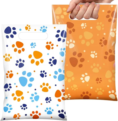 Miniatura 16 de Pasimy 100 bolsas de regalo de pata de perro a granel, diseño de pata de mascota, bolsas de plástico con asa para decoración de fiesta de cumpleaños