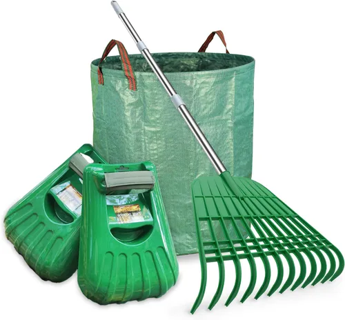 Gardzen - Cucharilla de hojas (tamaño grande, 12 dientes, para jardinería) y juego de rastrillos de hojas de jardín, incluye bolsa de jardín de 72