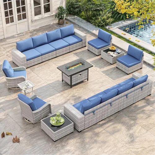 Miniatura 14 de Juego de muebles de mimbre para patio al aire libre de 3 piezas, sillas de patio giratorias mecedoras con respaldo alto con cojines gruesos de 4