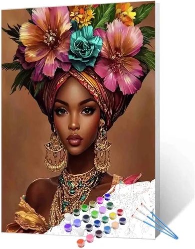 Miniatura 35 de Pintura de niña afro a la moda, kits de pintura por números, 16 x 20 pulgadas, lienzo de hojas tropicales, pintura al óleo para niños y adultos