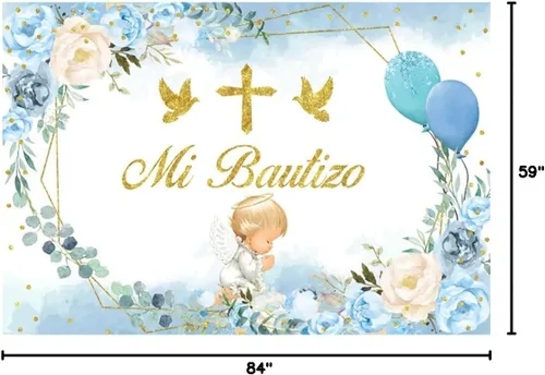 Miniatura 9 de Mi Bautizo - Telón de fondo de bautismo de 7 x 5 pies, decoración de bautizo para la primera comunión, flor azul, lindo ángel Dios bendiga fondo