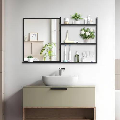 Miniatura 11 de Espejo de baño con estante, espejo de pared rectangular negro, marco de metal, colgante horizontal o vertical (24 x 20 pulgadas)