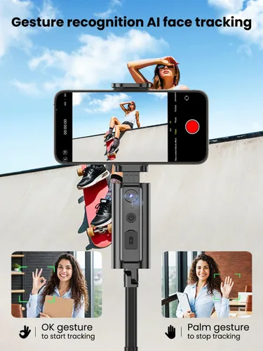 Miniatura 3 de AOCHUAN Trípode de seguimiento automático de rostros, con control de gestos para iPhone, poste extensible, palo selfie giratorio de 360°, control