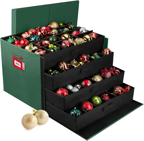 Miniatura 16 de Caja con divisores para guardar hasta 72 adornos navideños de 3 pulgadas de forma práctica, cubos grandes de tela de alta calidad con 3 bandejas Gris