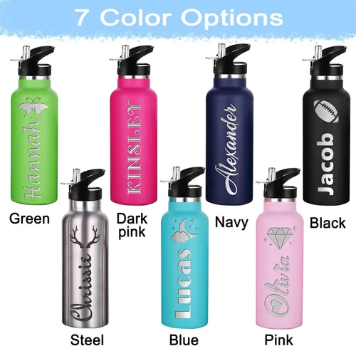 Miniatura 4 de Botellas de agua personalizadas con tapa de popote de 12/26 onzas con nombre grabado, logotipo, botella aislada personalizada, botellas de agua