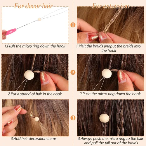 Miniatura 7 de Chuangdi 20 piezas de extensión de cabello, enhebrador de aguja para tirar de aguja, dispositivo de cuentas para suministros de extensiones de Rosa