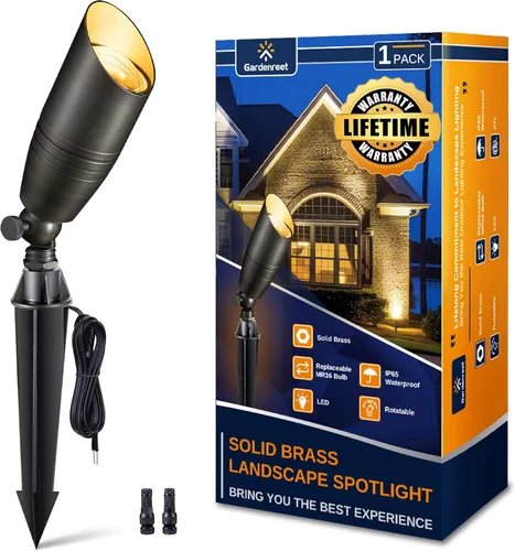 Gardenreet Focos de paisaje de bajo voltaje - Luz superior LED de latón 12V para exterior, luces focales cableadas IP65 impermeables, enfoque