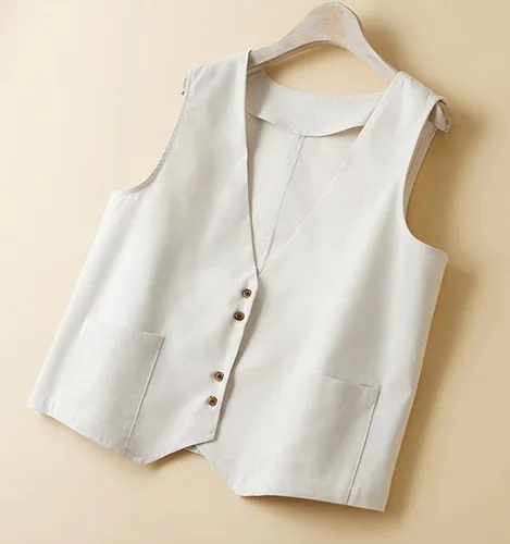 Miniatura 7 de Chaleco de lino de algodón para mujer, casual, sin mangas, con cuello en V, chaqueta con bolsillos