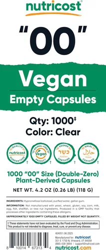 Miniatura 3 de Nutricost Cápsulas vacías tamaño 00 veganas – 1,000 cápsulas transparentes vacías a base de plantas – Certificado Kosher, certificado Halal, sin