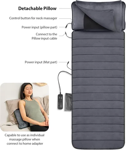 Miniatura 7 de COMFIER Alfombrilla de masaje de cuerpo completo con almohada de cuello móvil, 10 motores vibratorios y 4 almohadillas térmicas, almohadilla de Azul