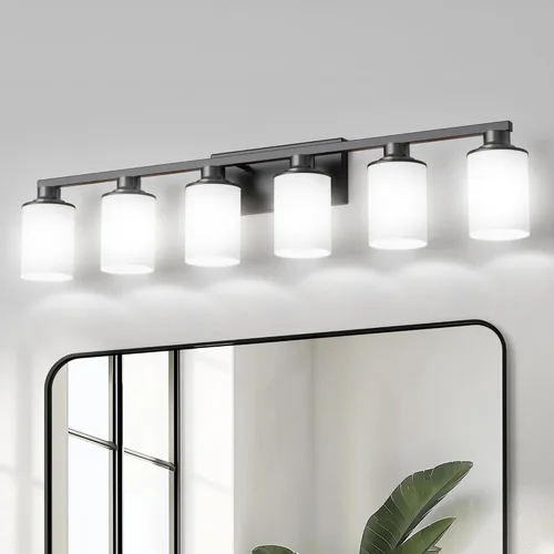 Miniatura 48 de DORESshop Lámparas de baño, 3 luces negras y doradas para baño sobre espejo con pantalla de vidrio transparente, luces de tocador para baño, Negro