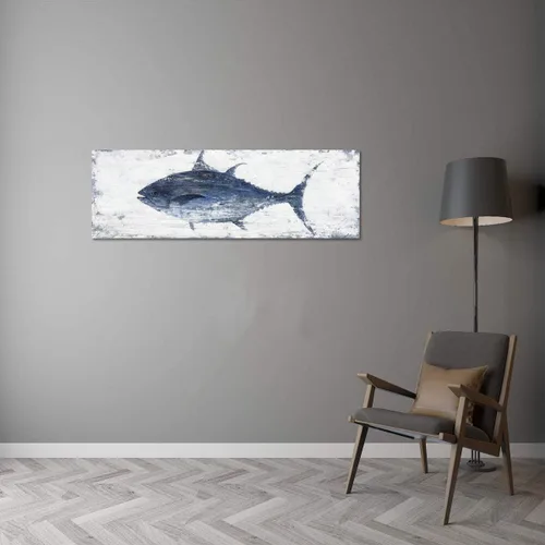 Miniatura 5 de Yihui Arts Lienzo de pared pintado a mano, pintura abstracta de atún, obra de arte moderna, imágenes costeras en color azul y blanco para decoración