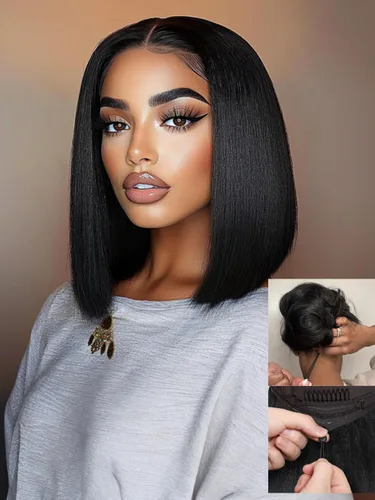 Miniatura 26 de Nadula Peluca Bob Recta Yaki Degradado Marrón Castaño con Cordón de Cabello Humano - Sin Pegamento Precortada 13X4 HD Pre Todo Peluca Frontal