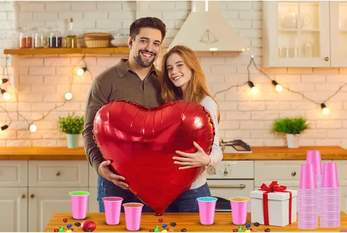 Miniatura 3 de 120 vasos de plástico rosa de 16 onzas para el día de San Valentín, vasos de plástico de 16 onzas, tazas de fiesta rosas para beber, degustaciones