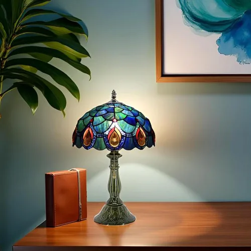 Miniatura 4 de Tiffany Lamp Stained Glass Table Lamps Sea Blue Peacock Tail Style Desk Lamp 12X12X18.5 Inch Bronze Ceramic Base Reading Light Suitable for Bedside