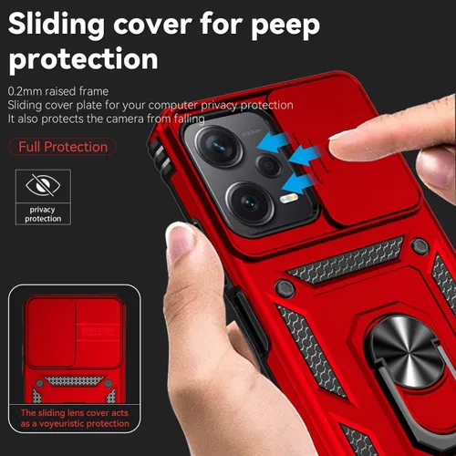 Miniatura 2 de Funda para Redmi Note 12 5G/Poco X5 con protector de pantalla de vidrio templado y cubierta de cámara deslizante, anillo magnético Soporte de Rojo