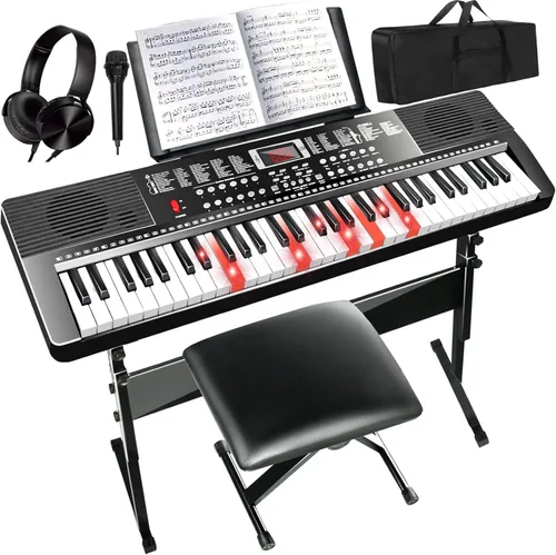 AQNIEGEP Teclado de piano eléctrico de 61 teclas para principiantes con teclas iluminadas, regalos de Navidad, juego completo: soporte, banco,
