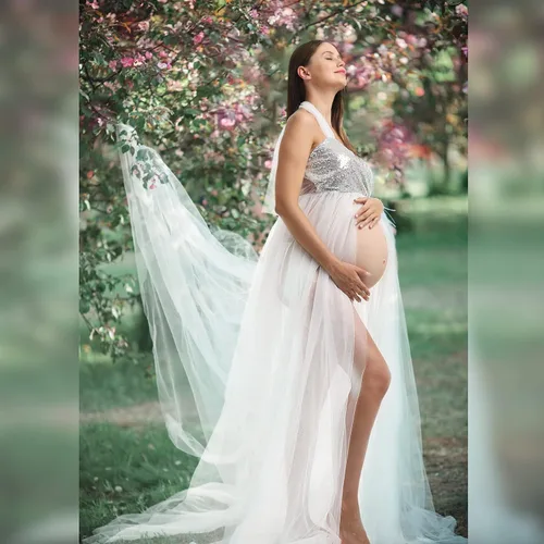 Miniatura 2 de Vestido de maternidad para fotografía, lentejuelas con purpurina, hombros descubiertos, tul con abertura frontal, vestidos de embarazo para sesión