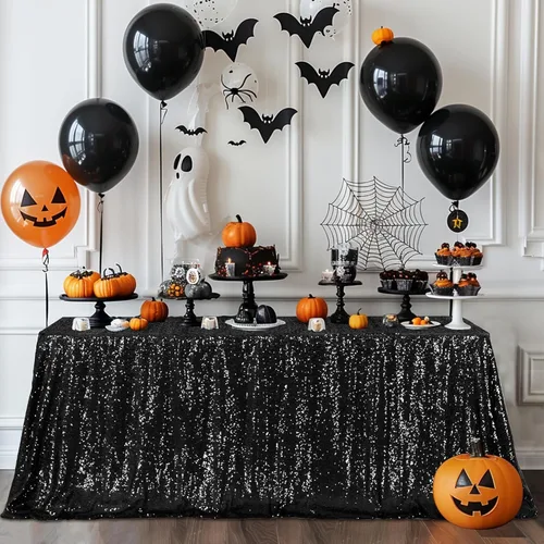 Miniatura 6 de Poise3EHome Mantel de lentejuelas negro de 50x50 pulgadas, cuadrado, brillante, para decoración de cumpleaños, Halloween, fiesta, día festivo, baby