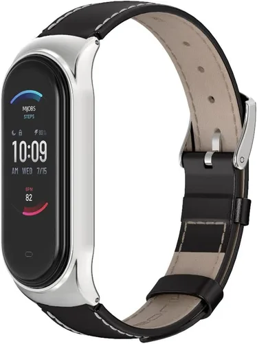 Correa de repuesto de cuero genuino para Amazfit Band 5 Smart Bracelet Watch Accesorios Negro y plateado