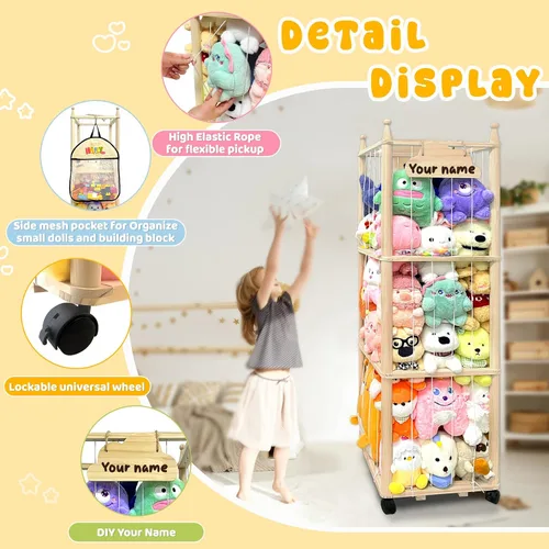 Miniatura 4 de Pmbqifay Organizador de animales de peluche, lindo animal de peluche de madera para almacenamiento de zoológico, jaula de juguetes de peluche