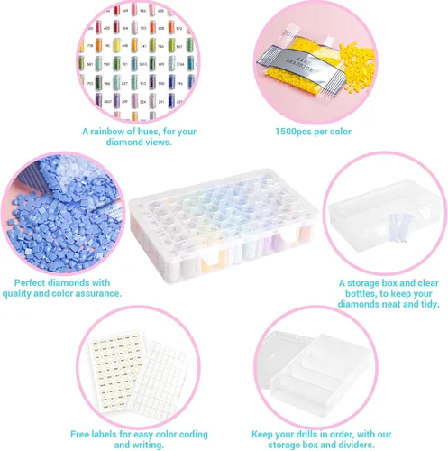 Miniatura 3 de Cuentas de Diamante Cuadradas de Resina 90000 piezas Con Contenedores de Almacenamiento para Kits de Pintura, 60 Colores de Brocas y Herramientas