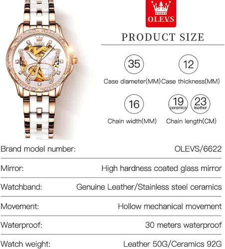 Miniatura 8 de OLEVS Relojes de oro rosa para mujer correa de acero inoxidable de cerámica reloj mecánico automático calendario de puntero luminoso impermeable