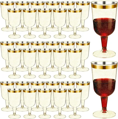 CHENGU 100 copas de vino de plástico de 7 onzas con borde dorado con base extraíble para bodas, fiestas, cumpleaños, aniversario, brindis de champán