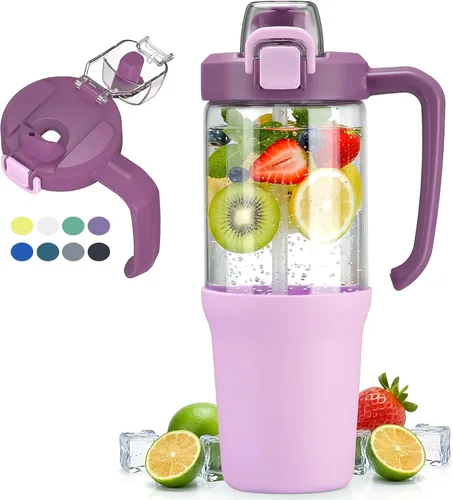 Miniatura 22 de Vaso de vidrio con asa de transporte, botella de agua de vidrio transparente con tapa a prueba de fugas, tapa de boquilla y popote, sin BPA, 32