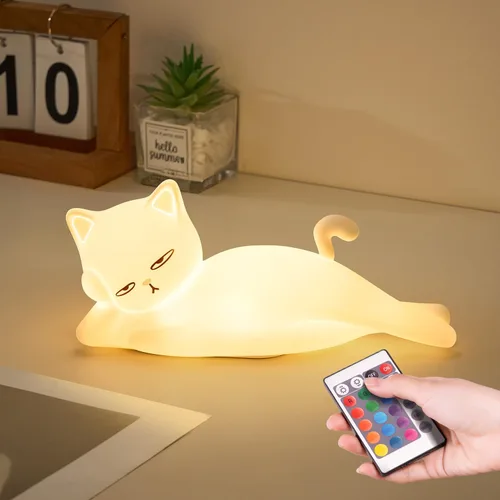 Lámpara plana de gato Mubarek, regalos de gato, lámpara de silicona linda de 16 colores+5 atenuación, lámpara de noche recargable con control