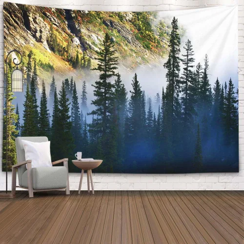 Miniatura 26 de EMMTEEY Tapiz de pared con bosque - Árbol de pino verde y niebla, arte de pared natural, 80x60 pulgadas, tapiz grande de estilo bohemio para sala