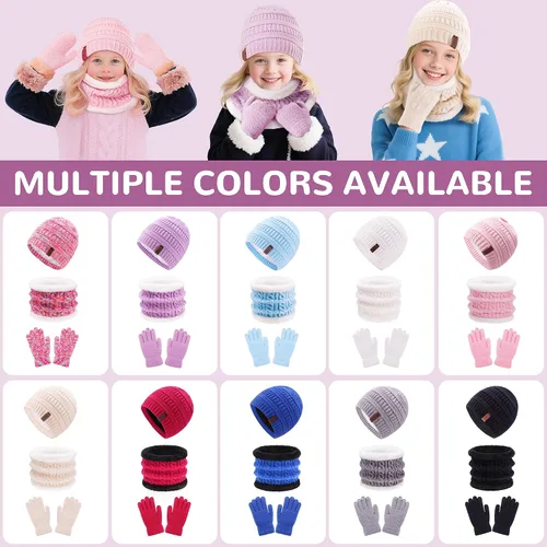 Miniatura 6 de Juego de 3 piezas de gorro de invierno para niños, bufanda y guantes para niños de 2-6-10-14 años, conjuntos de punto grueso y cálido con forro