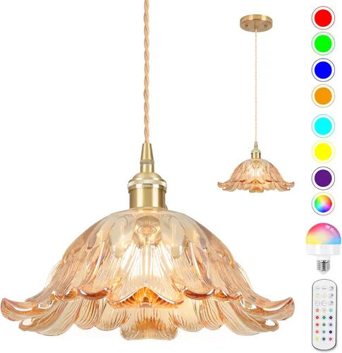 Miniatura 22 de Luces Colgantes para Isla de Cocina, Luz Colgante de Cristal Verde Accesorios de Iluminación Vintage, 9.4 pulgadas E26 Acabado Lámpara Colgante