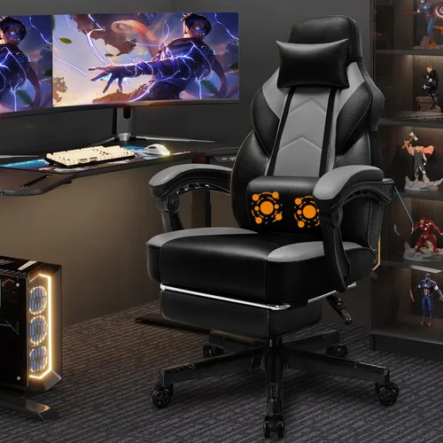 Miniatura 9 de Silla de juego Shintenchi, silla para videojuegos con reposapiés y soporte lumbar de masaje, silla de juego ajustable en altura con asiento