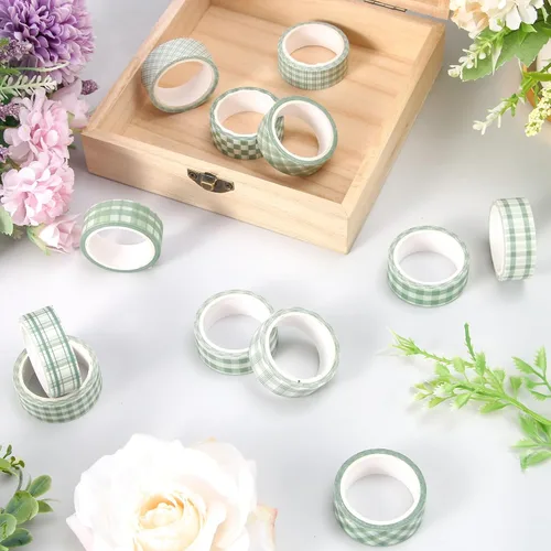 Miniatura 5 de Whaline 12 Rolls Sage Green Plaid Washi Tape Masking Tape Set Pastel Green Gingham Decorative Wrapping Paper Tapes Boxed for Wedding Scrapbook