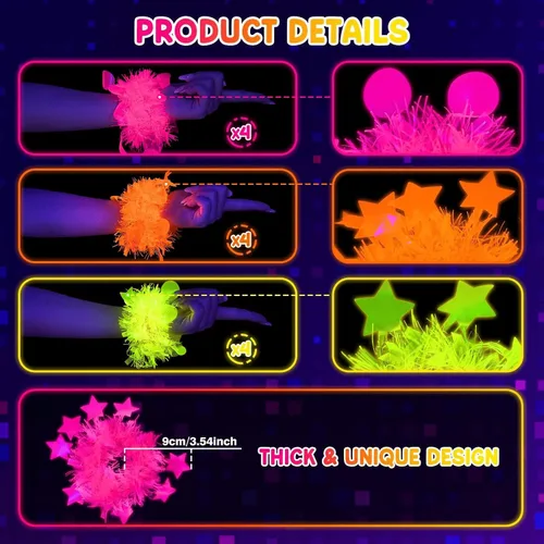 Miniatura 11 de Mega-L - 12 pulseras de fiesta que brillan en la oscuridad, suministros de fiesta que brillan en la oscuridad, pulsera de luz negra fluorescente
