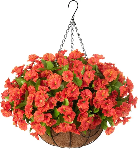 Miniatura 8 de Flores colgantes artificiales con cesta para exteriores, petunias sintéticas, plantas colgantes falsas con eucalipto, resistentes a los rayos UV