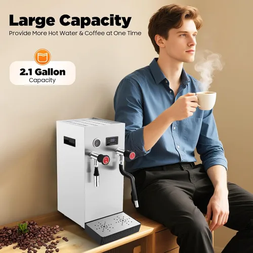 Miniatura 5 de Espumador de leche multiusos comercial 8L Máquina de espuma de agua hirviendo de vapor completamente automática, pantalla LCD para café expreso