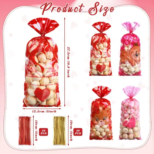 Miniatura 2 de Pasimy 100 bolsas de regalo de San Valentín, bolsas de regalo de celofán para el día de San Valentín, bolsas de regalo de celofán rosa y rojo