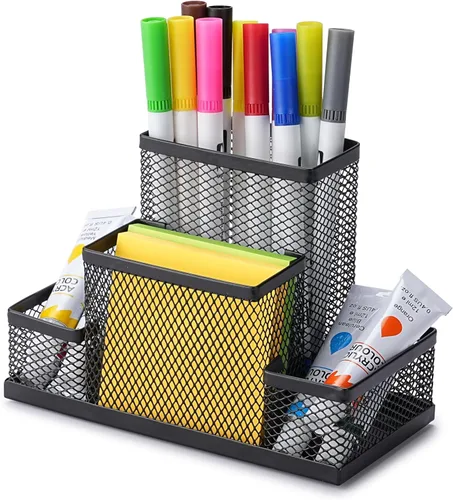 Huron Soporte para bolígrafos y organizador de escritorio, almacenamiento de 4 compartimentos para lápices, bolígrafos, notas adhesivas, accesorios