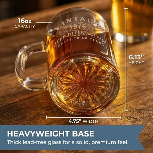 Miniatura 5 de Taza de cerveza de vidrio grabada vintage de 16 onzas, regalos de feliz cumpleaños 50 para él, mujeres, hombres, saludos a convertirse en un hombre