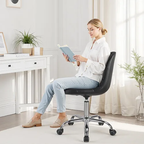 Miniatura 9 de VECELO Silla de escritorio suave, asiento de tocador elegante y casual, sin brazos con cómodo soporte lumbar, cuero PU ajustable en altura, giro