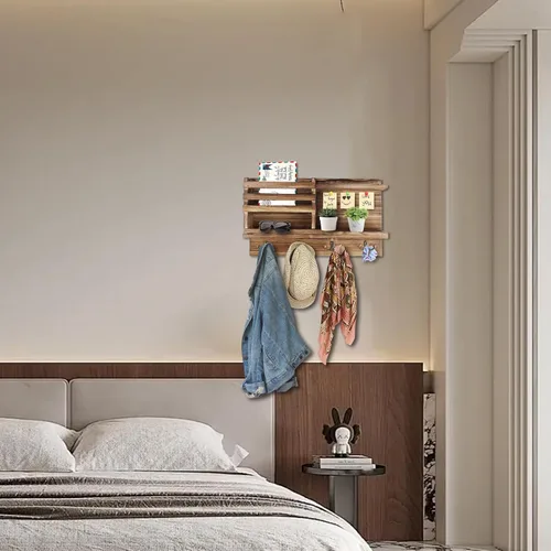Miniatura 6 de Porta Llaves de Pared, Organizador de Llaves y Correo de Madera Sólida para Pared (Autoadhesivo o con Taladro), 8 Ganchos para Llavero para Entrada