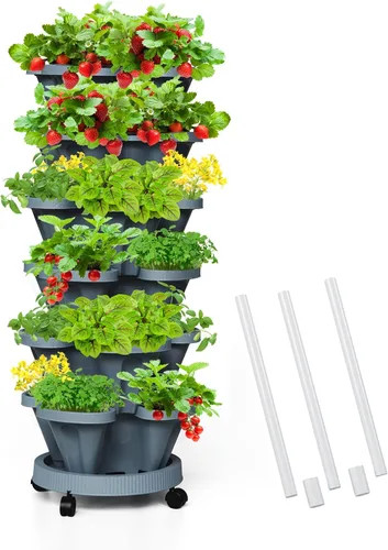 Miniatura 35 de Macetas verticales de fresa, paquete de 2 unidades, torre apilable de 5 niveles con poste de soporte, macetas apilables para hierbas y verduras