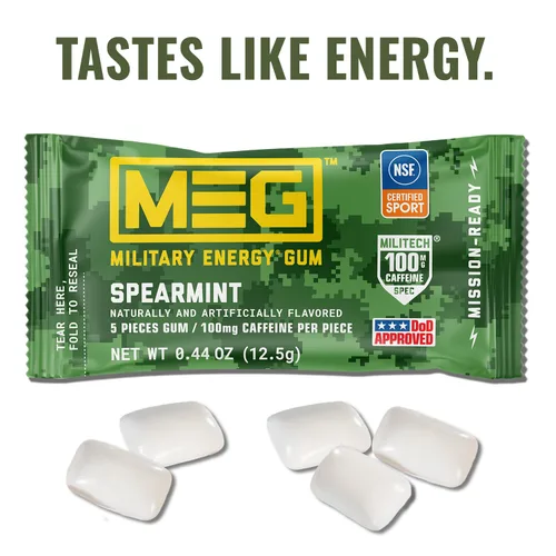 Miniatura 2 de MEG - Goma de mascar de energía militar 100 mg de cafeína por pieza + aumenta la energía + aumenta el rendimiento físico + menta verde paquete
