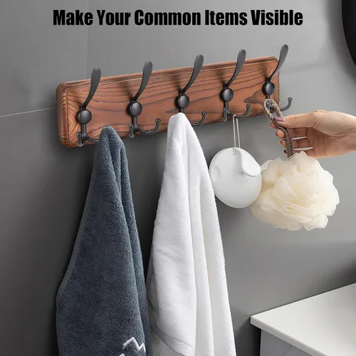 Miniatura 4 de Gohiuo Perchero Rústico para Montaje en Pared, Ganchos de Pared de Madera con 5 Ganchos Triples, Perchero de Madera Resistente para Colgar