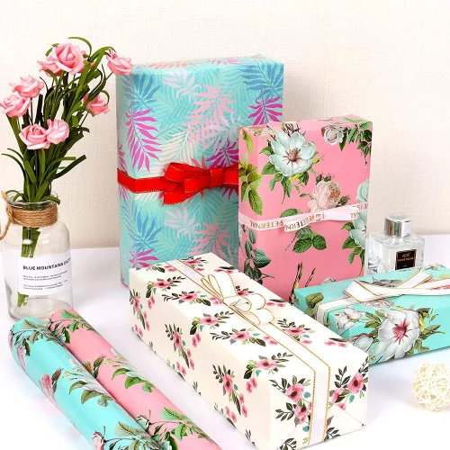 Miniatura 4 de Papel de regalo para niñas y mujeres, 12 hojas de papel de regalo floral de cumpleaños, papel de regalo plegado colorido rosa y verde para Floral 12