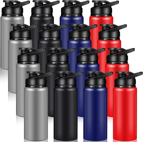 Mimorou Paquete de 16 botellas de agua de aluminio con tapa a presión, reutilizables deportivas de aluminio, ligeras, a prueba de fugas, al por
