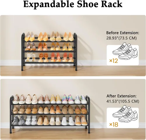 Miniatura 5 de Gewudraw Organizador de zapatos de 3 niveles, zapatero para armario, estante de metal de 28 pulgadas que se puede ampliar a 42 pulgadas