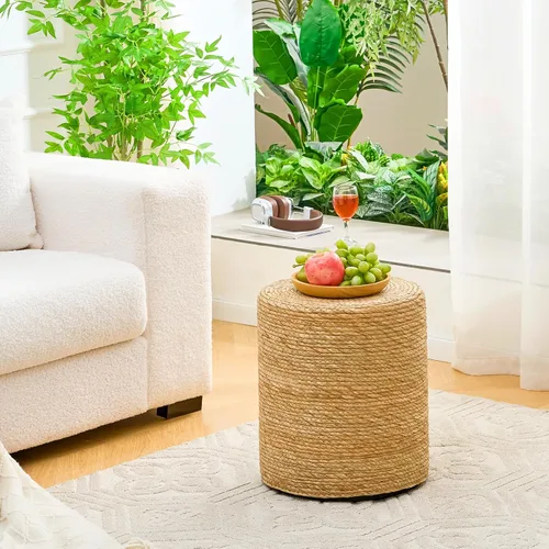 Miniatura 6 de Wimarsbon Taburete de pie de hierba marina natural, otomana redonda tejida a mano, para sala de estar, asiento al aire libre (natural)